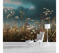 DLERFLOVR Papier Peint Panoramique Fleurs Sauvages Vintage - 200x140cm - Revêtement mural décoration salon - Style De Champ 3D Poster Geant pour Salon Chambre restaurant Décoration, Bleu-Vert