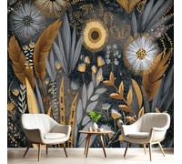 DLERFLOVR Papier Peint Panoramique Fleurs Tribales De Vigne - 350x250cm - Revêtement mural décoration salon - Style Bohème 3D Poster Geant pour Salon Chambre restaurant Décoration, Gris Foncé