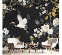 DLERFLOVR Papier Peint Panoramique Grue Sakura - 450x315cm - Revêtement mural décoration salon - Illustrations Hd 3D Poster Geant pour Salon Chambre restaurant Décoration, Noir