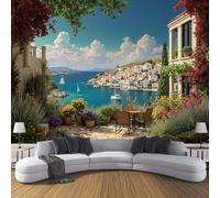 DLERFLOVR Papier Peint Panoramique Îles Grecques 450x315cm Revêtement Mural Paysage De Ville Balnéaire Tapisserie Panoramique Décoration Tableaux Muraux pour Chambre Salon Bureau, Bleu Ciel