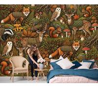 DLERFLOVR Papier Peint Panoramique Illustrations Rétro, 350x250cm Fresque Murale Animaux De La Forêt Poster Mural Décoration Murale Fond pour Salon, Chambre d'enfant, Chambre, Brun Foncé