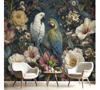 DLERFLOVR Papier Peint Panoramique Jungle Maximaliste 350x250cm - Tapisserie Panoramique Fleurs Perroquet Revêtement Murale Vert Décoration Murale pour Salon, Chambre, Bureau