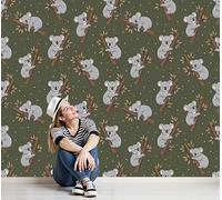 DLERFLOVR Papier Peint Panoramique Koala En Brindilles, 350x250cm Poster Geant Mural 3D Animaux De Dessin Animé Tapisserie Soie Décoration Murale pour Salon Chambre à Coucher Fond TV, Vert Olive