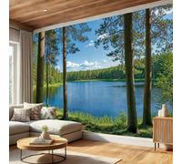 DLERFLOVR Papier Peint Panoramique Lac Summer Forest, Papier Peint Soie Paysages Naturels Tableaux Muraux, 300x210cm Poster Décoration Murale Pour Salon, Chambre, Bureau, Bleu Clair