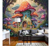 DLERFLOVR Papier Peint Panoramique Maison Aux Champignons De La Forêt Poster Geant Mural Jardin Magique Papier Peint Soie Vert Fresque Murale pour Salon Canapé TV Fond Décoration Murale, 200x140cm