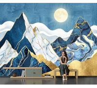 DLERFLOVR Papier Peint Panoramique Montagnes De Feuilles D'Or, 300x210cm Poster Geant Mural 3D Marbre De Luxe Tapisserie Soie Décoration Murale pour Salon Chambre à Coucher Fond TV, Bleu Royal