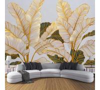 DLERFLOVR Papier Peint Panoramique Motif De Feuille De Bananier Papier Peint Soie Plantes De La Ligne Dorée XXL Poster Tableaux Décoration Murale pour Salon Chambre Tv Fond, 250x175cm, Jaune Doré