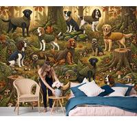 DLERFLOVR Papier Peint Panoramique Mousse, Arbres, Chiens, 200x140cm Poster Geant Mural 3D Forêt D'Automne Magique Tapisserie Soie Décoration Murale pour Salon Chambre à Coucher Fond TV, Vert