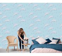 DLERFLOVR Papier Peint Panoramique Nursery Papier Peint Thème Dauphin Soie Poster Tableaux Muraux Décoration Murale Pour Salon, Chambre, Burea, Fond TV - 300x210cm, Bleu Clair