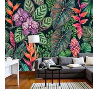 DLERFLOVR Papier Peint Panoramique Orchidées, Heliconia, Papier Peint Plantes Et Fleurs Tropicales Soie Tapisserie Vert Décoration Murale pour Salon, Chambre, Bureau, Salle à Manger 450x315cm