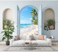 DLERFLOVR Papier Peint Panoramique Palm Tree Beach, Papier Peint Paysage De Plage D'Été En 3D Soie Tapisserie Bleu Ciel Décoration Murale pour Salon, Chambre, Bureau, Salle à Manger 250x175cm