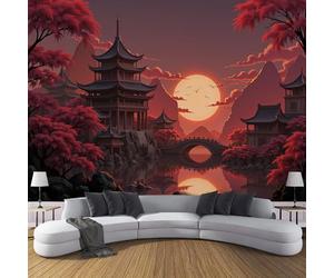 DLERFLOVR Papier Peint Panoramique Paysage De La Ville Antique 350x250cm - Mural Architecture Traditionnelle Tableaux Muraux Poster Geant Mural Tapisserie Décorative pour Salon Chambre Fond Tv, Rouge