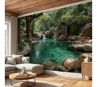 DLERFLOVR Papier Peint Panoramique Paysages Naturels 250x175cm Papiers Mural Ruisseau De Forest Rock XXL Muraux Tapisserie Photo Décoration pour Salon Chambre Restaurant - Vert
