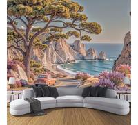 DLERFLOVR Papier Peint Panoramique Pins Des Falaises - 450x315cm - Revêtement mural décoration salon - Route Côtière 3D Poster Geant pour Salon Chambre restaurant Décoration, Beige