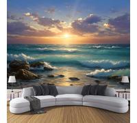DLERFLOVR Papier Peint Panoramique Plage Et Vagues Papier Peint en Soie Côte Rocheuse Revêtement Mural pour Salon, Adulte Chambre d'enfants, Restaurant Décoration 400x280cm, Vert Émeraude