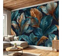 DLERFLOVR Papier Peint Panoramique Plantes De Luxe 250x175cm Papiers Mural Feuilles De Bananier XXL Muraux Tapisserie Photo Décoration pour Salon Chambre Restaurant - Bleu-Vert