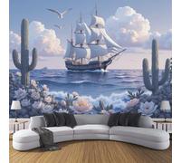 DLERFLOVR Papier Peint Panoramique Plantes Des Îles Tropicales 450x315cm Papiers Mural Naviguer Sur La Mer XXL Muraux Tapisserie Photo Décoration pour Salon Chambre Restaurant - Bleu