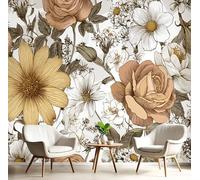 DLERFLOVR Papier Peint Panoramique Roses Et Marguerites 300x210cm - XXL Tableaux Muraux Fleurs Rétro Revêtement Mural Décoration Murale pour Chambre Salle de Bain Couloir, Terreux