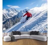DLERFLOVR Papier Peint Panoramique Ski En Montagne Enneigée, Papier Peint Soie Réalisme Tableaux Muraux, 300x210cm Poster Décoration Murale Pour Salon, Chambre, Bureau, Bleu Clair