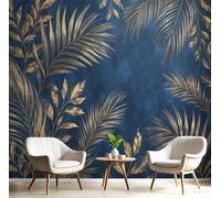 DLERFLOVR Papier Peint Panoramique Style Bohème 350x250cm Papiers Mural Feuilles De Palmier Dorées XXL Muraux Tapisserie Photo Décoration pour Salon Chambre Restaurant - Bleu Foncé