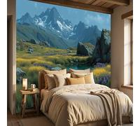 DLERFLOVR Papier Peint Panoramique Vallée Des Iris Poster Geant Mural Lacs Alpins Papier Peint Soie Bleu-Vert Fresque Murale pour Salon Canapé TV Fond Décoration Murale, 350x250cm