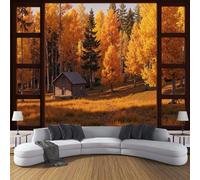 DLERFLOVR Papier Peint Panoramique Vue Sur La Forêt Par La Fenêtre 300x210cm Papiers Mural Cabane En Forêt D'Automne XXL Muraux Tapisserie Photo Décoration pour Salon Chambre Restaurant - Jaune