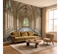DLERFLOVR Papier Peint Photo Soie Cloître Gothique 450x315cm | Papier Peint Panoramique Bâtiments Historiques En Damier, Résistant aux UV, Décoration Murale Pour Salon Canapé TV Fond, Crème