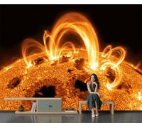 DLERFLOVR Papier Peint Photo Soie Exploration Spatiale 450x315cm | Papier Peint Panoramique Éruptions Solaires, Résistant aux UV, Décoration Murale Pour Salon Canapé TV Fond, Orange Lave