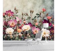 DLERFLOVR Papier Peint Pivoine Rétro,300x210cm Papier Peint Panoramique Champs Romantiques Murale Poster Tableaux Photo Muraux pour Salon Chambre à Coucher Maison Décoration, Vert