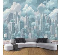 DLERFLOVR Papier Peint Soie Bâtiments De Ville De Dessin Animé XXL Tableaux Muraux Gratte-Ciel Tapisserie Panoramique Décoration Murale pour Salon Couloir Salle à Mange, 200x140cm, Vert Menthe