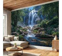 DLERFLOVR Papier Peint Soie Cascade En Forêt 150x105cm Papier Peint Panoramique Paysages Naturels XXL Tableaux Décoration Murale pour Salon, Chambre, Décor Fond TV - Vert Foncé