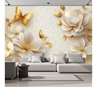 DLERFLOVR Papier Peint Soie Fleurs De Secours Rurales XXL Tableaux Muraux Fleurs Et Papillons Magnifiques Tapisserie Panoramique Décoration Murale pour Salon Couloir Salle à Mange, 300x210cm, Beige