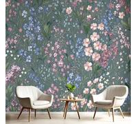 DLERFLOVR Papier Peint Soie Jardin De Campagne XXL Tableaux Muraux Petit Champ De Fleurs Romantique Tapisserie Panoramique Décoration Murale pour Salon Couloir Salle à Mange, 250x175cm, Vert Sauge