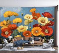 DLERFLOVR Papier Peint Soie Peinture À L'Huile D'Un Champ De Fleurs XXL Tableaux Muraux Pavots Tapisserie Panoramique Décoration Murale pour Salon Couloir Salle à Mange, 250x175cm, Bleu-Gris