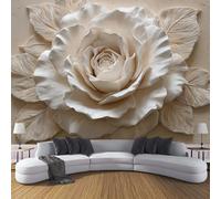 DLERFLOVR Papier Peint Soie Rose Blanche En Relief 350x250cm Papier Peint Panoramique Sculpture En Céramique XXL Tableaux Décoration Murale pour Salon, Chambre, Décor Fond TV - Beige Clair