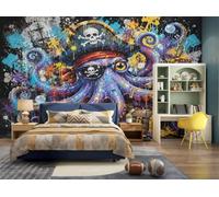 DLERFLOVR Papier Peint Soie Style Graffiti Urbain 350x256cm | Papier Peint Panoramique Pieuvre Pirate Et Coffre Au Trésor, Poster Geant Mural Impression 3D pour Salon Chambre D'enfants Restaurant