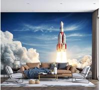 DLERFLOVR Papier Peint Soie Thème Spatial, 350x250cm Papier Peint Panoramique Lancement De Fusée Fresque Murale, Installation Facile Décoration Murale pour Bureau Salon Canapé Chambre, Bleu Royal