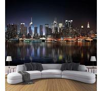 DLERFLOVR Papier Peint Soie Vue Nocturne De New York XXL Tableaux Muraux Skyline De Manhattan Tapisserie Panoramique Décoration Murale pour Salon Couloir Salle à Mange, 300x210cm, Noir