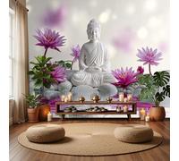 DLERFLOVR Papier Peint Soie Zen Oriental XXL Tableaux Muraux Statue De Bouddha, Galet Lotus Tapisserie Panoramique Décoration Murale pour Salon Couloir Salle à Mange, 150x105cm, Blanc