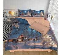 DLERFLOVR Parure de Lit avec Chalet en Rondins À La Campagne Housse de Couette Forêt Enneigée - Réversible (2 Couleurs) - Housse de Couette avec 1 Taies d'oreiller 220x240cm, Bleu