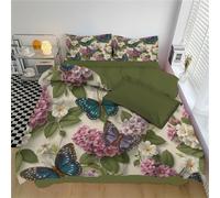 DLERFLOVR Parure de Lit avec Papillons Et Fleurs Housse de Couette Style Rétro - Réversible (2 Couleurs) - Housse de Couette avec 2 Taies d'oreiller 200x200cm, Vert Olive