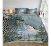 DLERFLOVR Parure de lit Réversible, 200x200cm Palmiers Et Prairies Set de Housse de Couette Savane Africaine Parure de Lit avec 2 taies d'oreiller pour 2 Personnes - Entretien Facile, Bleu-Vert
