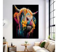 DLERFLOVR Tableau décoratif Bovins Des Highlands Floraux 120L x 80l cm Impression sur Toile Style Graffiti Tableau Decoration Murale pour Salon Chambre Maison Bureau, Brun