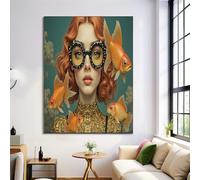 DLERFLOVR Tableau décoratif Femme Avec Des Lunettes Et Un Poisson Rouge 60x40cm Impression sur Toile Surréalisme Tableau Decoration Murale pour Salon Chambre Maison Bureau, Bleu-Vert