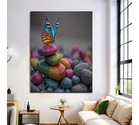 DLERFLOVR Tableau décoratif Papillon De Galets 40x30cm Impression sur Toile Paysage De Plage Tableau Decoration Murale pour Salon Chambre Maison Bureau, Gris Foncé