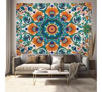 DLERFLOVR Tapisserie Fleurs Géométriques Tissu Tenture Murale Les Indiens Art Murale Tissu Mural Décoratif pour Chambre Dortoir Appartement Fête - 150x130 cm, Bleu