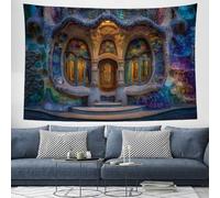 DLERFLOVR Tapisserie Maison Du Vitrail Tissu Tenture Murale Paysage Urbain Art Murale Tissu Mural Décoratif pour Chambre Dortoir Appartement Fête - 200x150 cm, Bleu-Vert