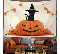 DLERFLOVR Tapisserie Murale 150x100 cm Tenture Murale Halloween Couverture Murales Chapeau De Sorcière, Chat Noir Et Citrouille Tapisseries Decoration Murales pour Salon, Chambre, Dortoir, Orange