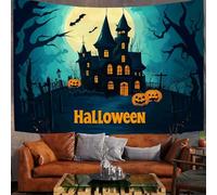 DLERFLOVR Tapisserie Murale 150x130 cm Tenture Murale Nuit D'Halloween Couverture Murales Cimetière Et Château De Citrouilles Tapisseries Decoration Murales pour Salon, Chambre, Dortoir, Vert
