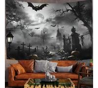 DLERFLOVR Tapisserie Murale Cimetière D'Halloween - - Grande Tapisseries Sorcières Et Chauves-Souris Décoration Murale Papier peint pour Chambre, Dortoir, Fête, Séparateur de Pièce, Gris